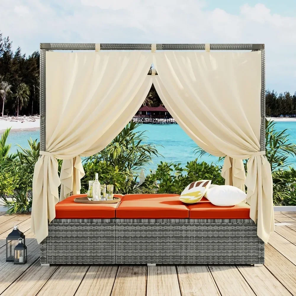Outdoor Daybed with Curtain Canopy Bed Patio Furniture Adjustable Sunbed Set All-Weather Rattan Sun Lounger Patio Wicker Sofa 3