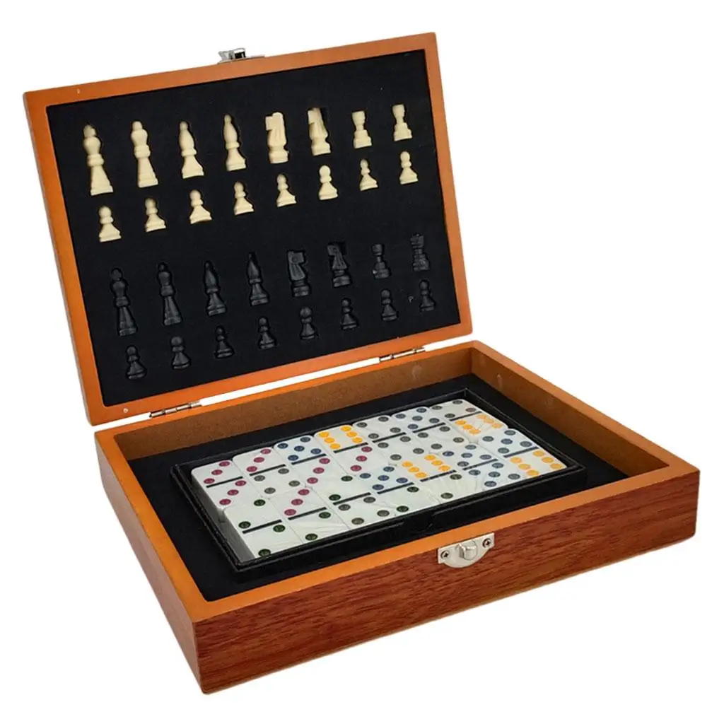 Chess and Dominoes Set Board Games Entertainment Chess 4cm King Size Portable Foldable Wooden Set for Family