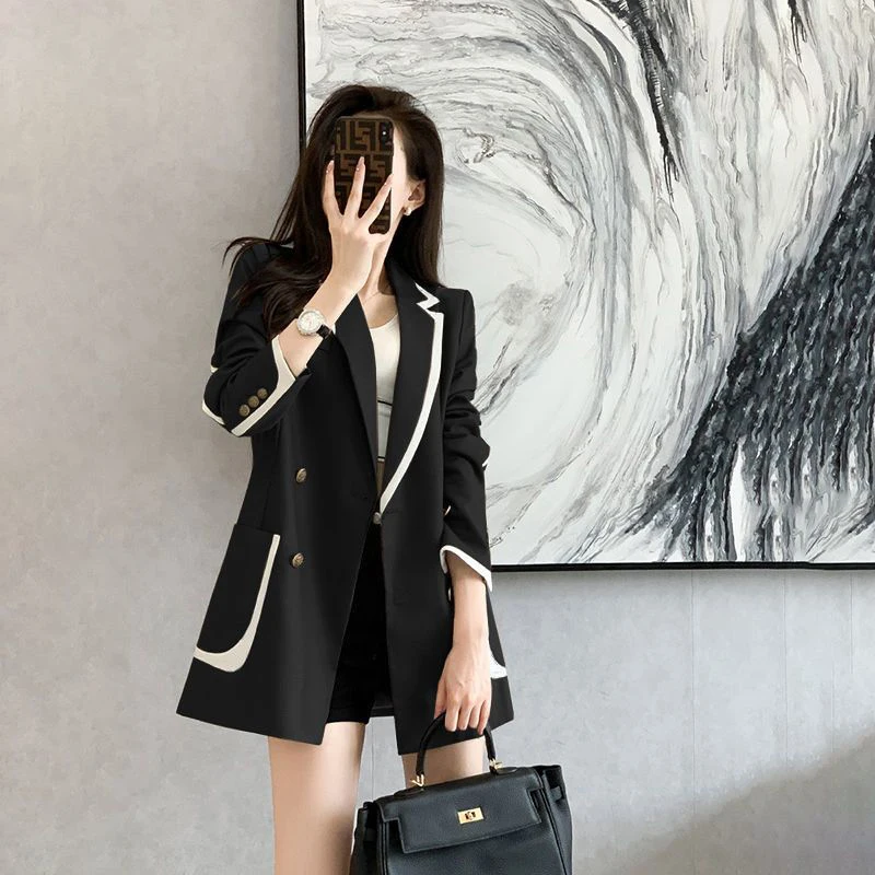 Autumn Winter Korean Fashion Elegant Patchwork Blazers Ladies Loose Caual All-match Buttons Coat Top Female Jacket Women Outwear