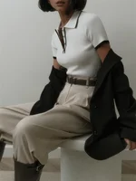 Knit Sweater Pullover Women Short Sleeve Patchwork Slim Lapel Elegant Contrast Knitwear Top Female Skinny Ribbed Pullover - Image 4