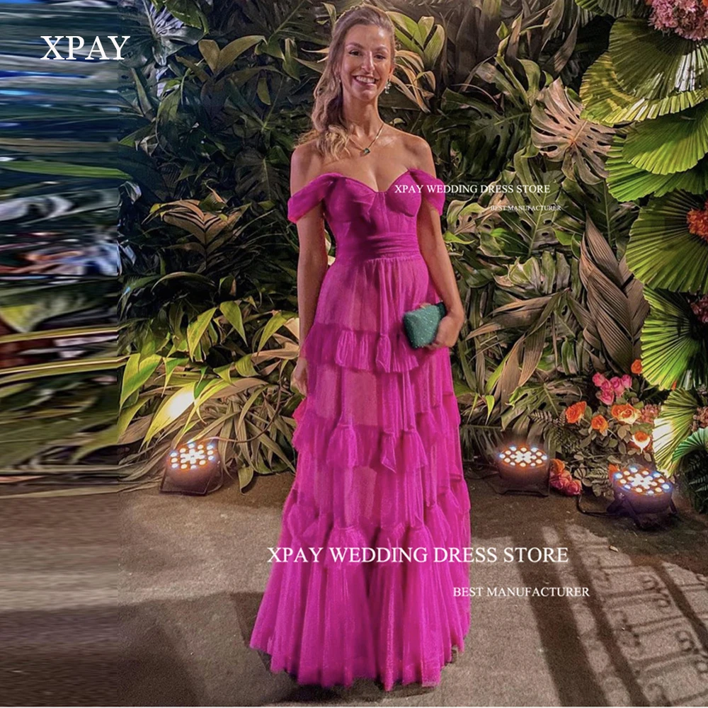

XPAY Sexy Off the Shoulder Tulle Fuschia Long Prom Dresses Arabic Women Layered Evening Gowns Formal Party Dress Vestidos