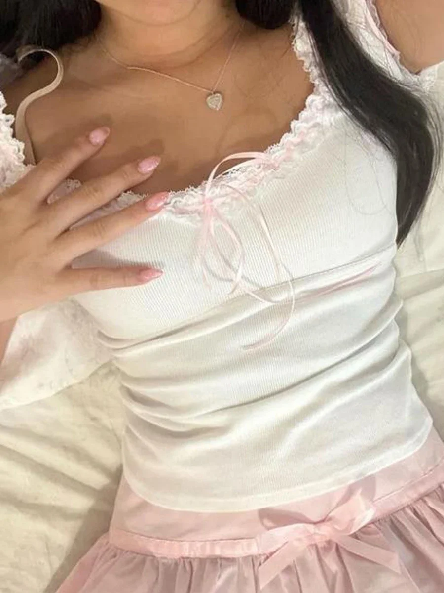 Women's Summer T-shirt Cap Sleeve Square Neck Neck Lace Trim Tee Tops Kawaii Gothic Y2K Aesthetic Shirts