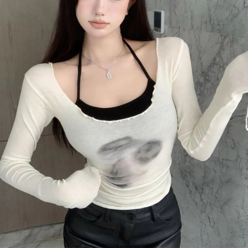 

2023 Summer Tops Girl Long Sleeve Tee-shirt with Mini Sling Vest Tie-dye T-shirt