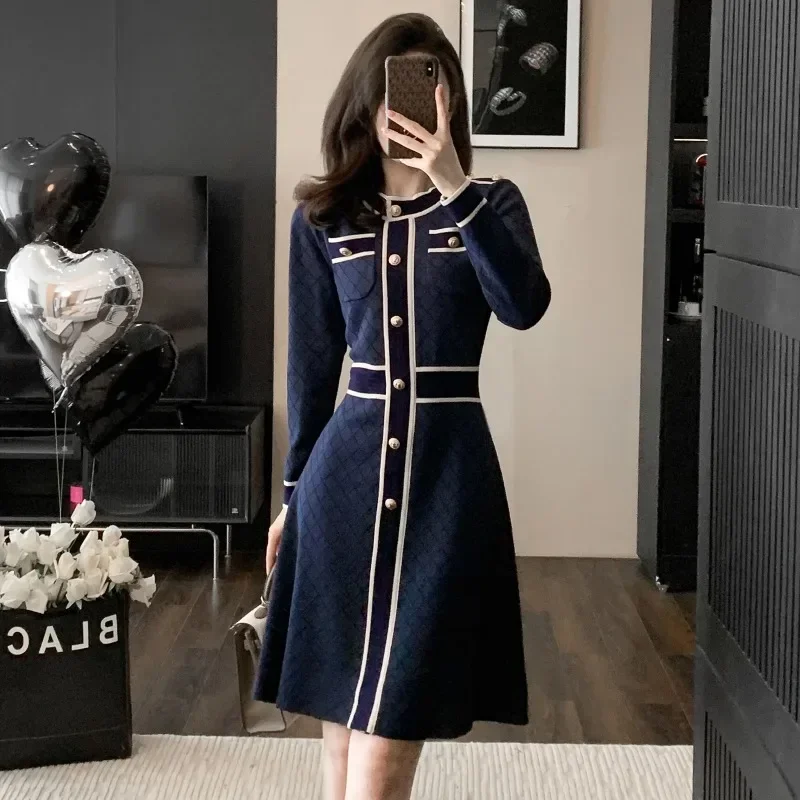 

Элегантное осенне-зимнее женское вязаное платье-свитер 2023, винтажное женское платье длиной до колен, повседневная трикотажная одежда, женское платье