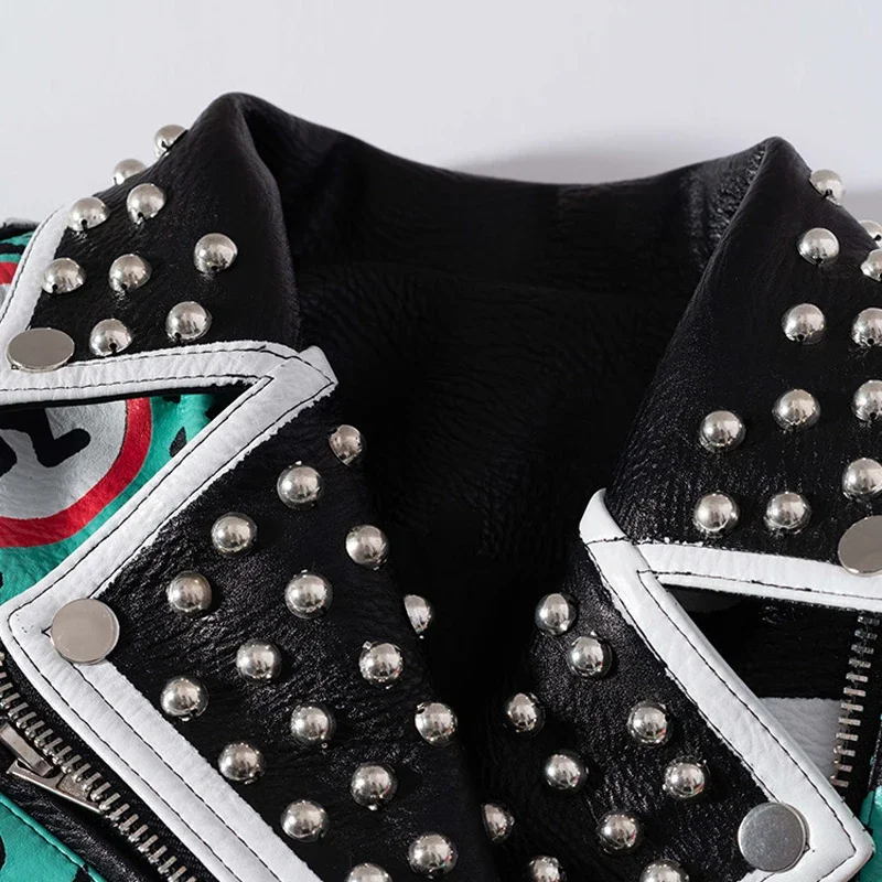 Graffiti Print Motorcycle Leather Jacket Women 2024 Trend Punk Style Streetwear Contrast Stitched Faux Leather Studded Jackets