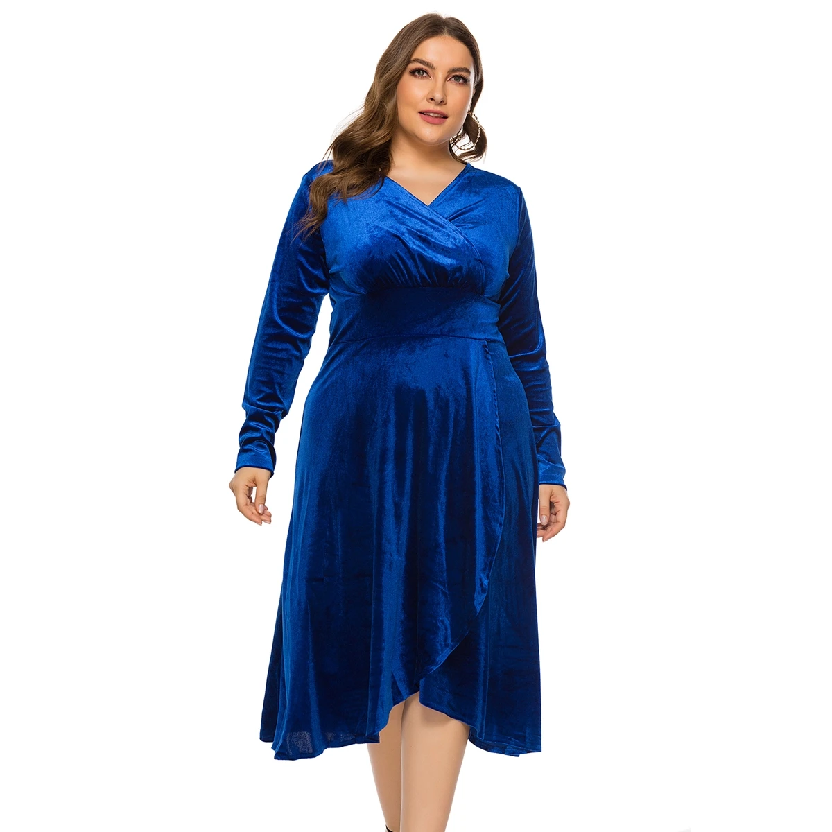 Plus Size V-neck 34 Sleeves High Waist Midi Skirt Bright Silk Party Dress main image 1