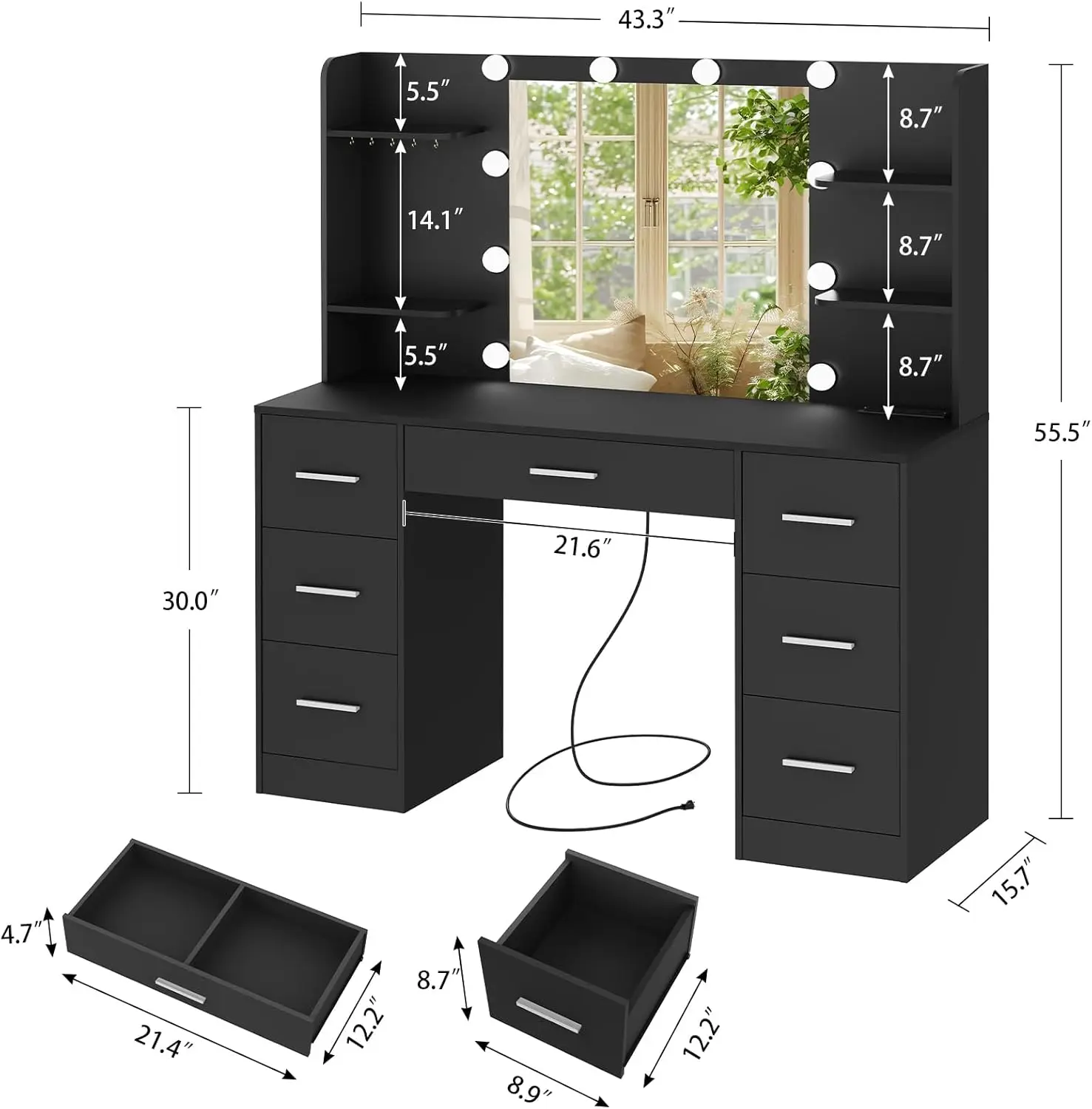 Large Vanity Desk with LED Lighted Mirror & Power Outlet,Makeup Vanity Table with 7 Drawers,4 Shelves and 5 Hooks,Vanity Table