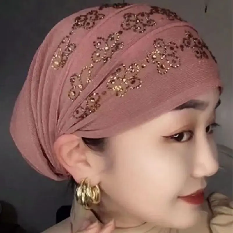 Summer Diamonds Turban Caps for Women Elastic Wrap Head Bonnet Muslim Hijab Turbans Female Headscarf Hat Chemo Headwear headscarf fashion hijab women turban caps elastic cloth big flower muslim girls scarf cap ladies headwear accessories hijab hats