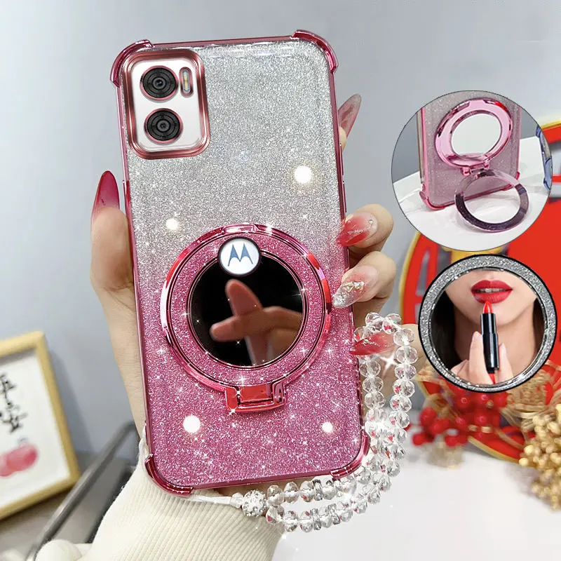 Glitter Shockproof Phone Case with Mirror Stand and Beaded Strap