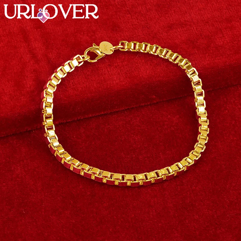 

URLOVER 24K Gold Bracelet 4mm Wide Box Chain Bracelets For Woman Men Fashion Party Wedding Engagement Christmas Charm Jewelry