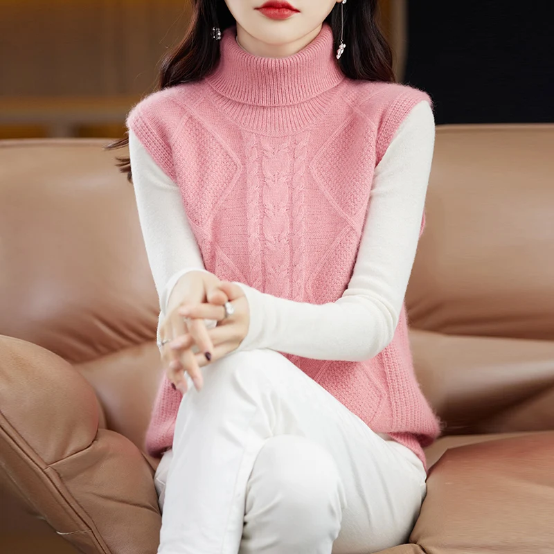 

Autumn And Winter New Mink Cashmere Sweater High-Necked Vest Pure Wool Women's Simple And Versatile Back