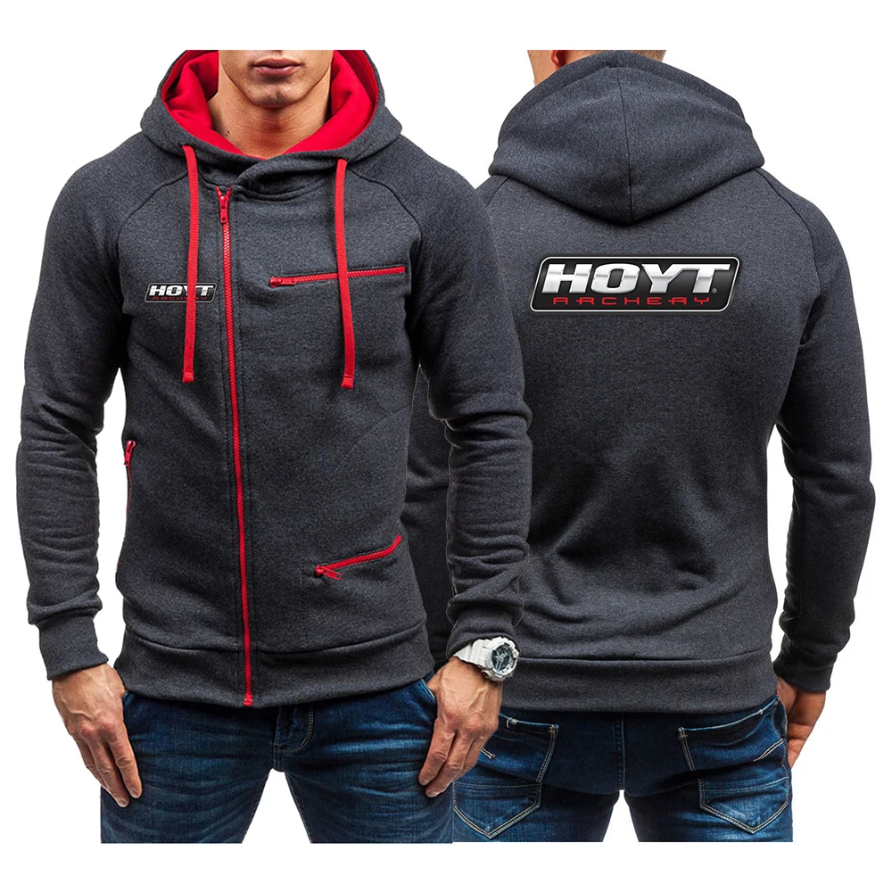 

2023 Spring Autumn HOYT Archery Huntinger Bows Logo Printed Oblique Zipper Design Hoodies Men's Cotton Harajuku Streetwear Coats