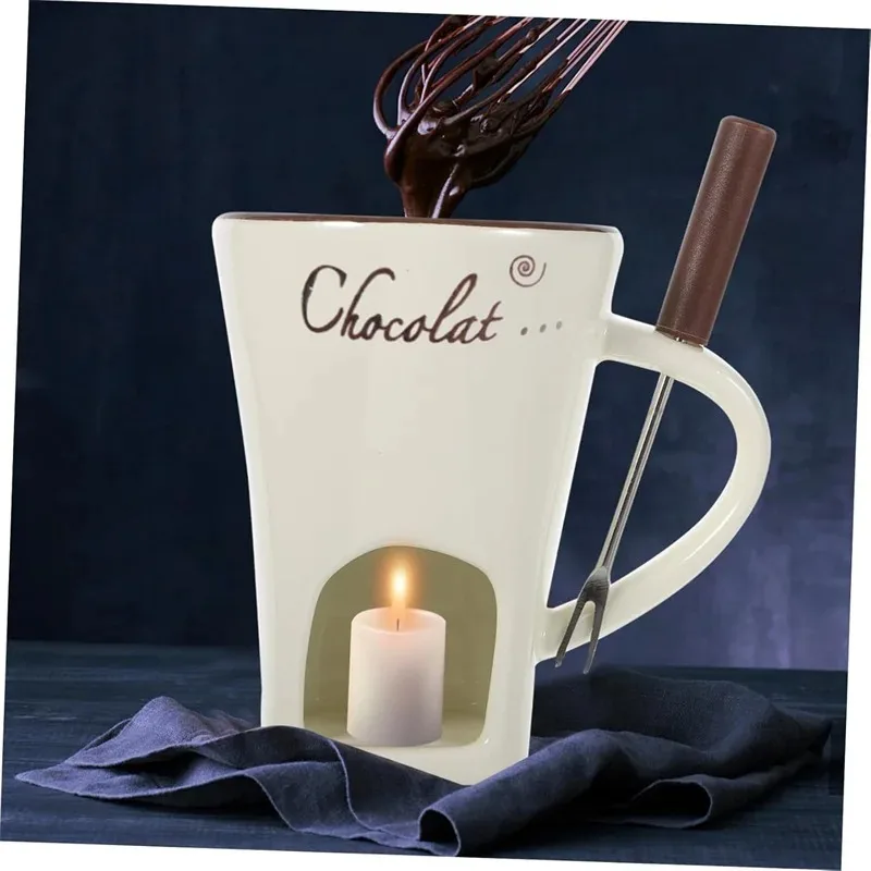 European Style Candle Cup, Cheese Chocolate Melting Ceramic Cup, Heated Food with Fork, Creative Tableware  Looks  Good
