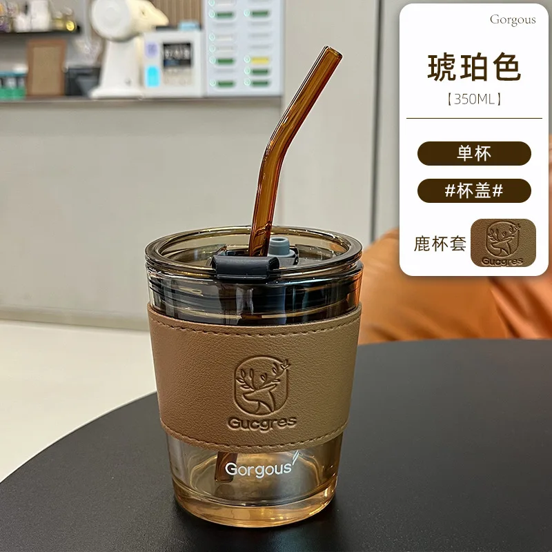 Creative Glass Coffee Cup With Lid Heat Resistant Tea Cups Mug With Straw 450Ml