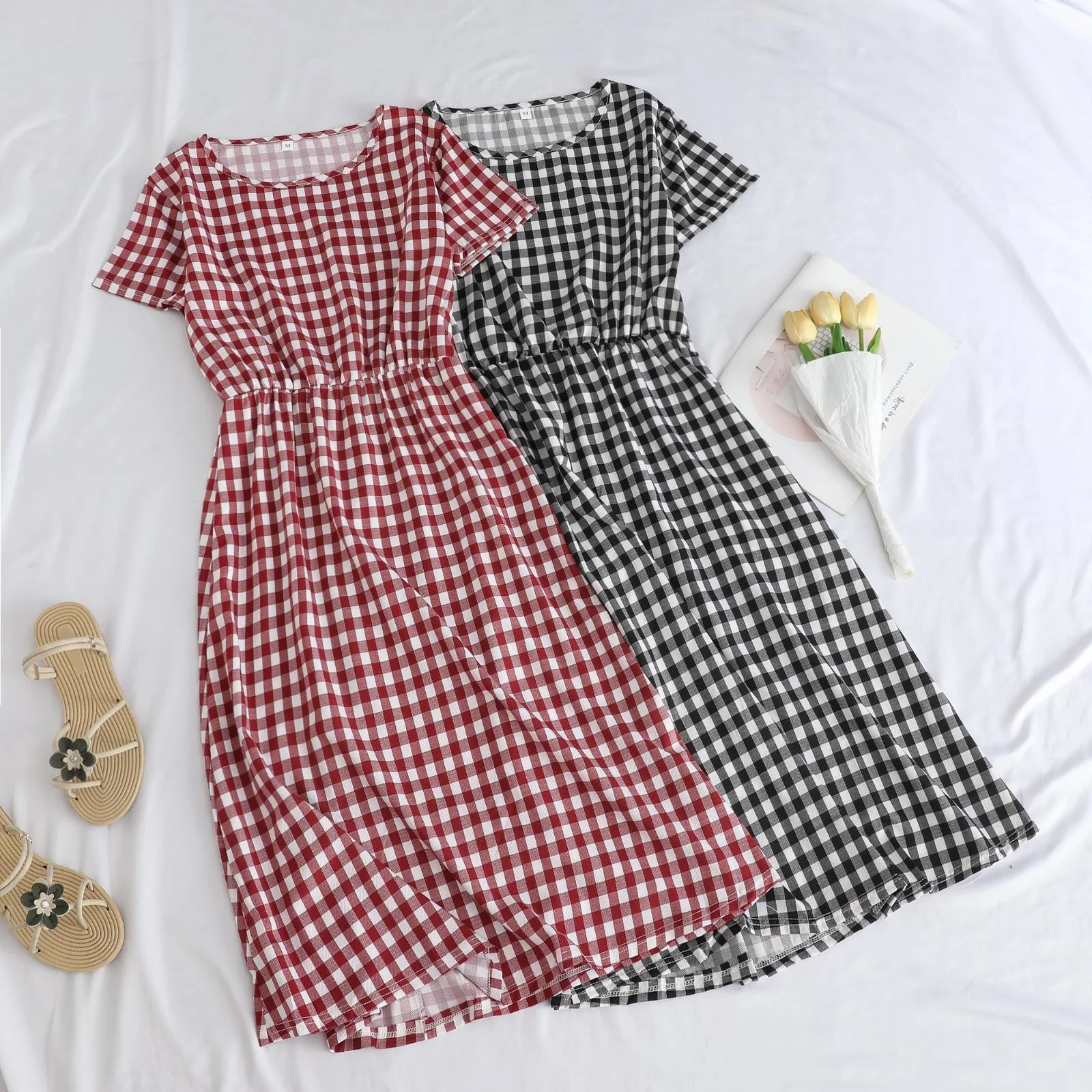 

2024 Summer Fashion Women Dresses Short Sleeve Floral Plaid Dress Chiffon