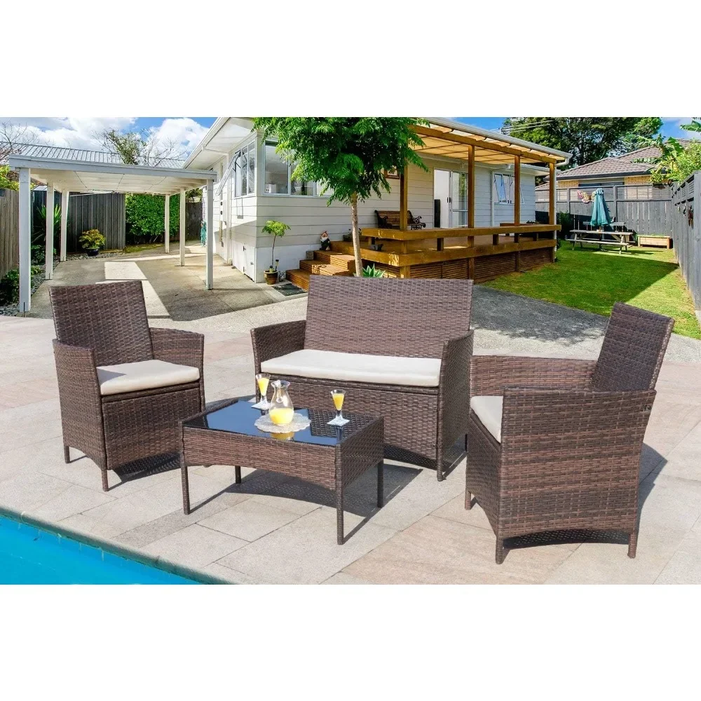 Patio Furniture Sets Outdoor Indoor Use  Backyard Porch Garden Sets Clearance Brown and Beige 4 Pieces Furniture Easy Assembly 2
