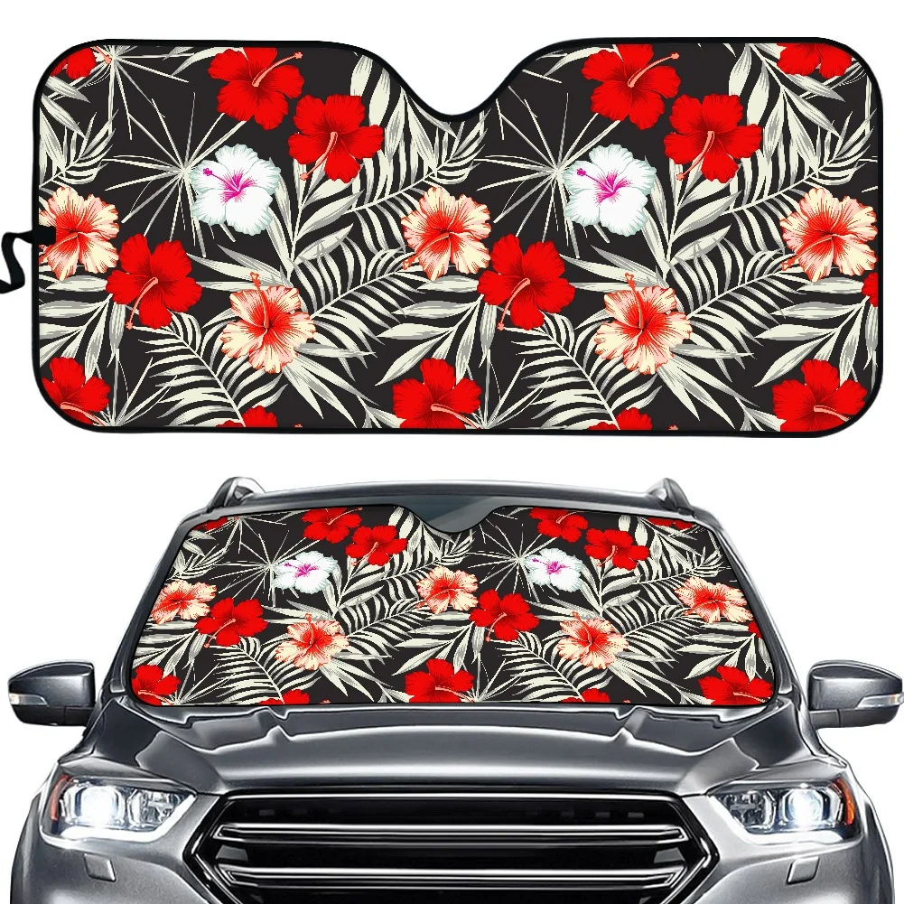 

Universal Car Windshield Sun Shade Hibiscus Red Hawaiian Flower Design Front Window Sunshade Foldable Auto Covers