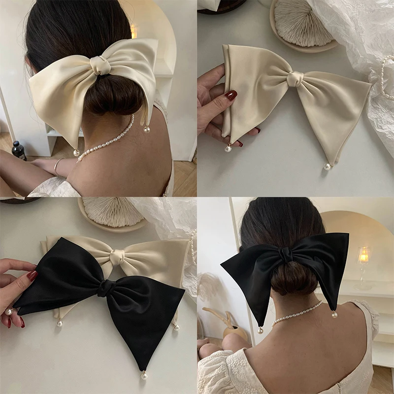 

French Style Black White Big Bowknot Hair Clip Barrette Pearl Tassel Silk Satin Ribbon Fabric Bridal Stylish Bow Hair Clip Pins