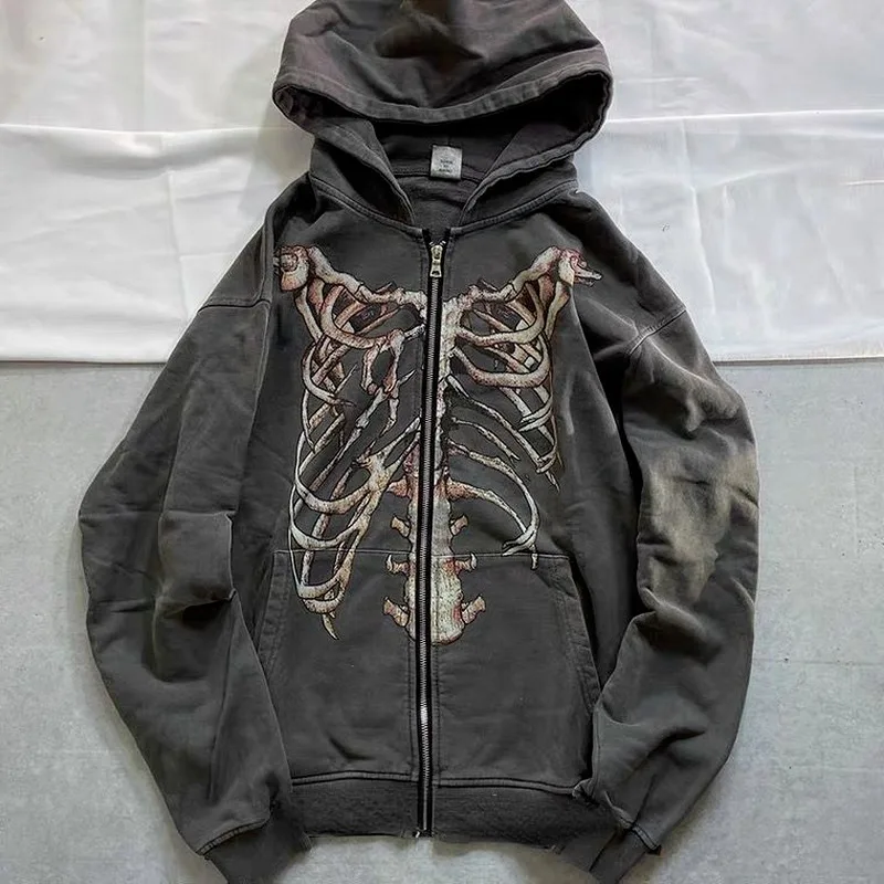 

Y2K Gothic Streetwear Skeleton Print Oversize Hoodie Women Punk Harajuku Hip Hop Zipper Sweatshirt Female Mall Goth Top