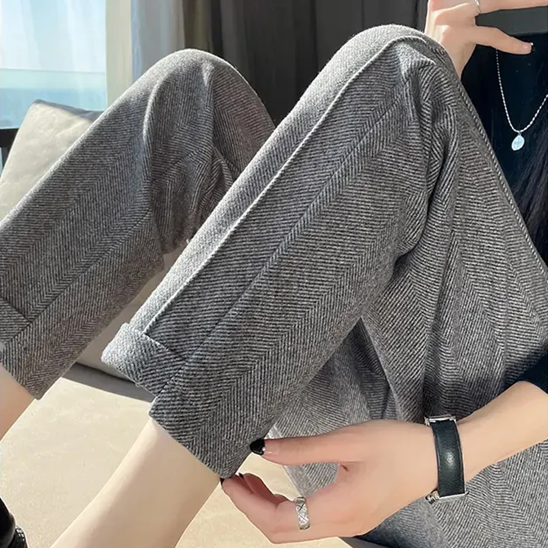 

Women's Casual Herringbone Cropped Pants 2023 Autumn Fashion Straight Pants High-waist Tweed Winter Warm Thick Loose Pants 29357