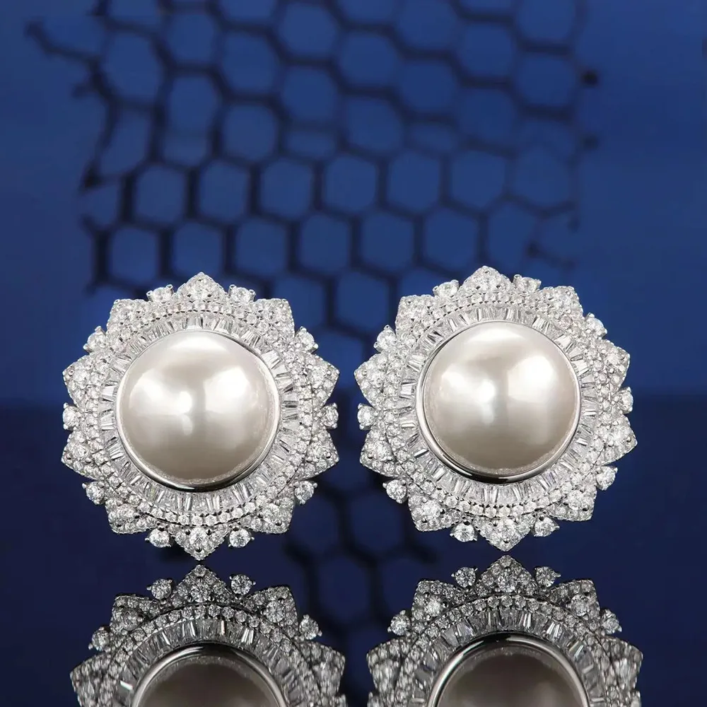 

3D Petal Australian White Pearl Earrings S925 Silver Natural Seawater Pearl Deluxe Diamond Group Set Jewelry Earrings Female