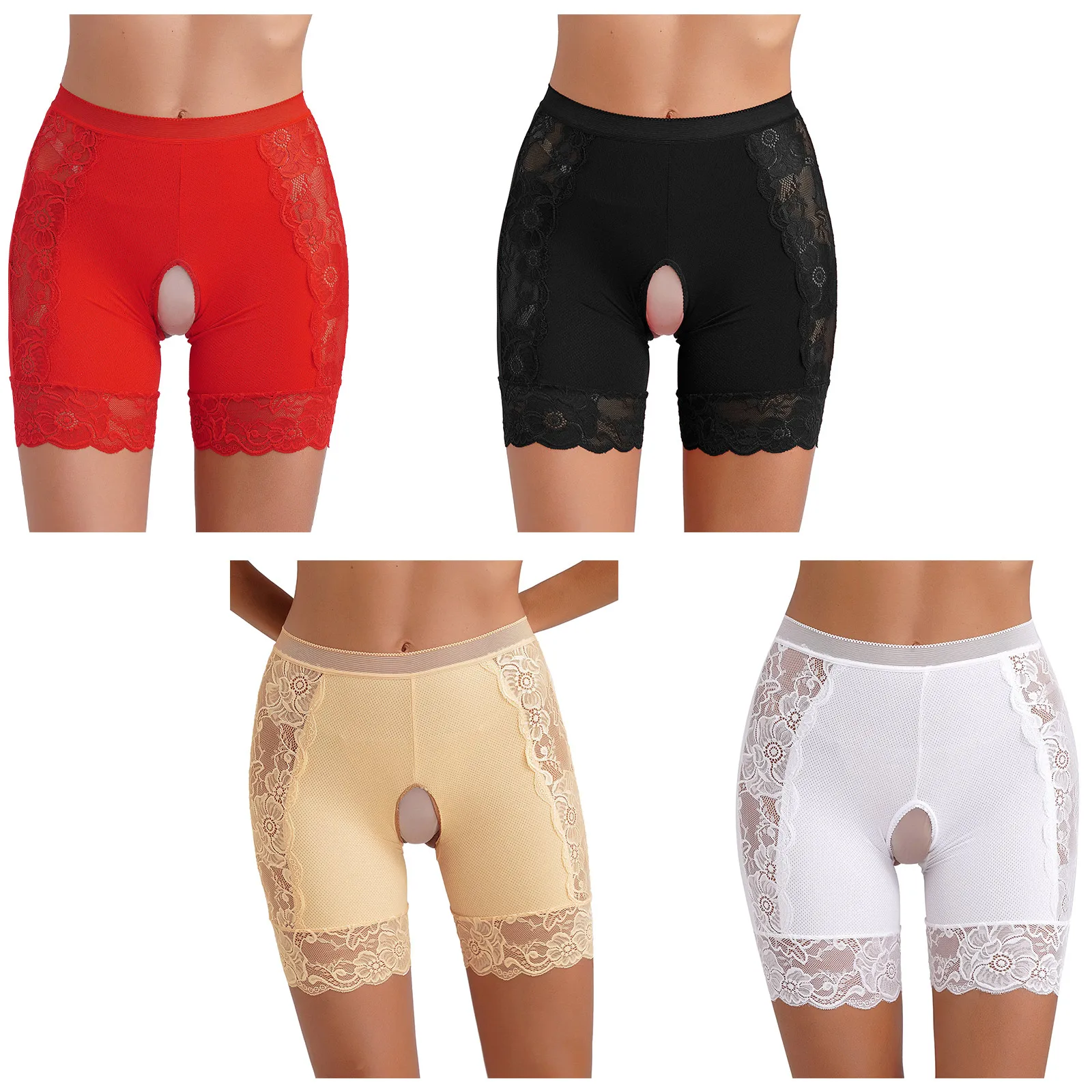 Safety Shorts Womens Lace Open Crotch Underwear Knickers Solid Color High Waist Skinny Boxers Briefs Clubwear Dating Night