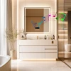 Wisfor LED Lighted Bathroom Mirror 32 Inch Square Lighted Bluetooth Speaker Dimmable Wall Vanity Mirror Temperature Time Display 2