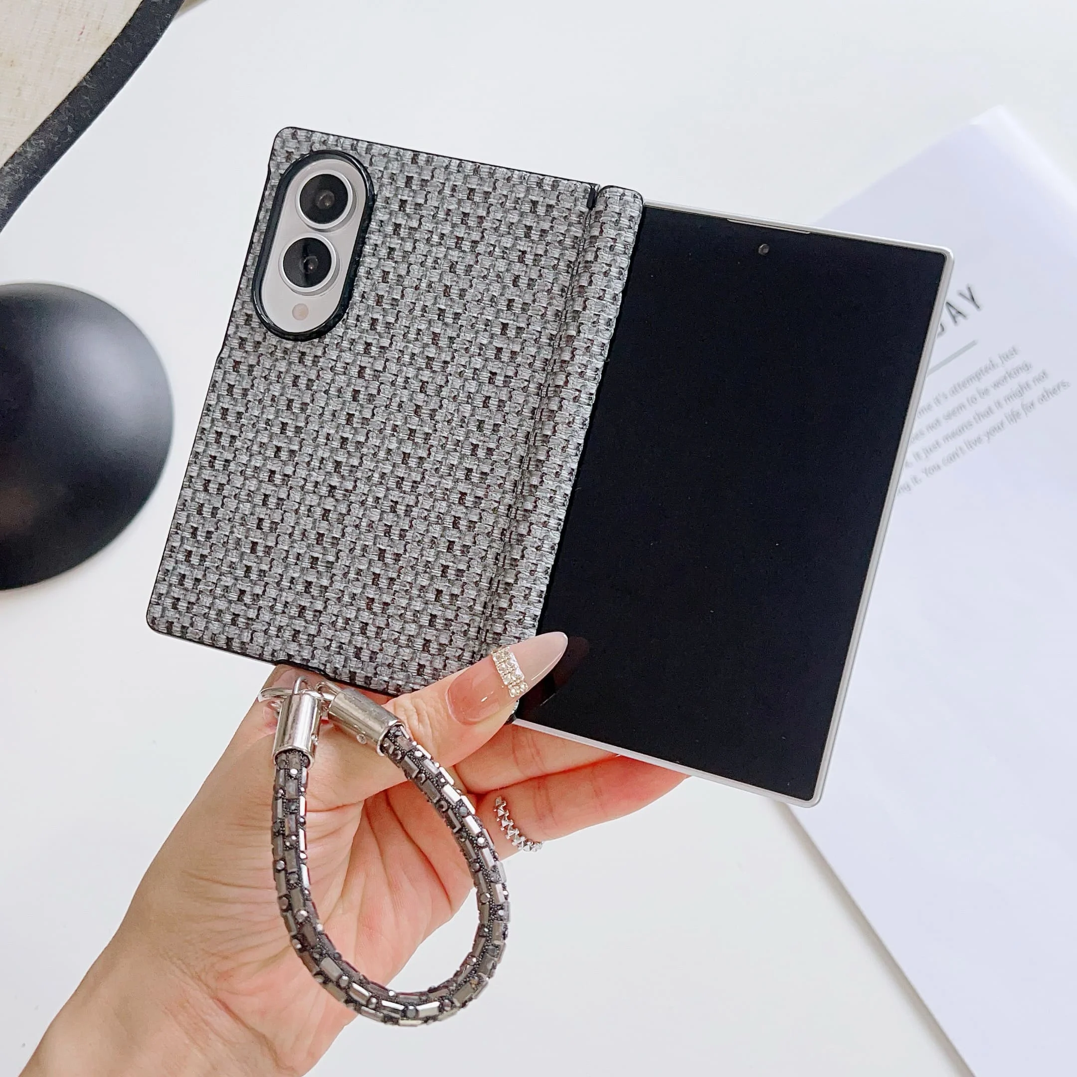 Luxury Woven Pattern Shockproof Case with Wrist Strap and Hinge Protection