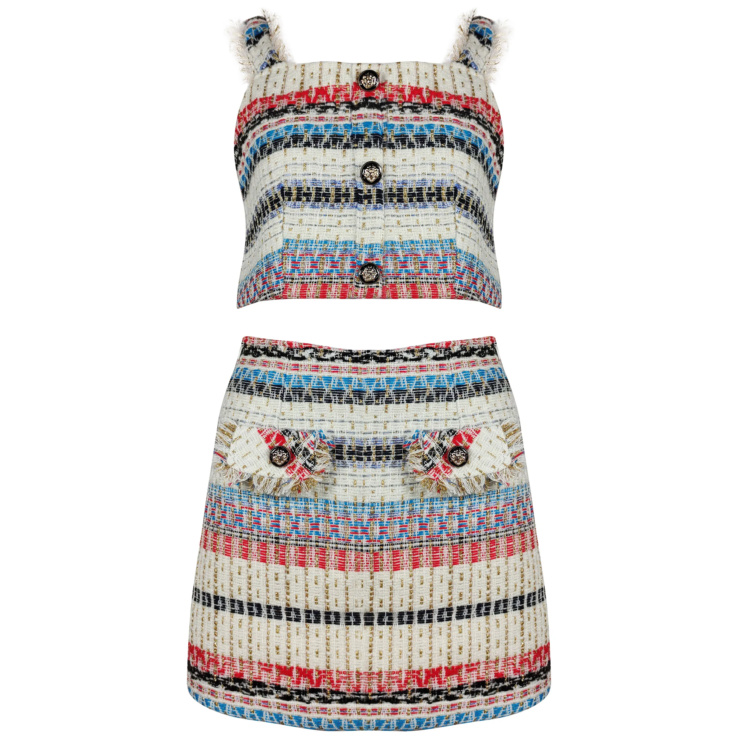 

Fashionable colorful Bohemian style sleeveless mini sweater crop top and mini skirt suit women summer causal
