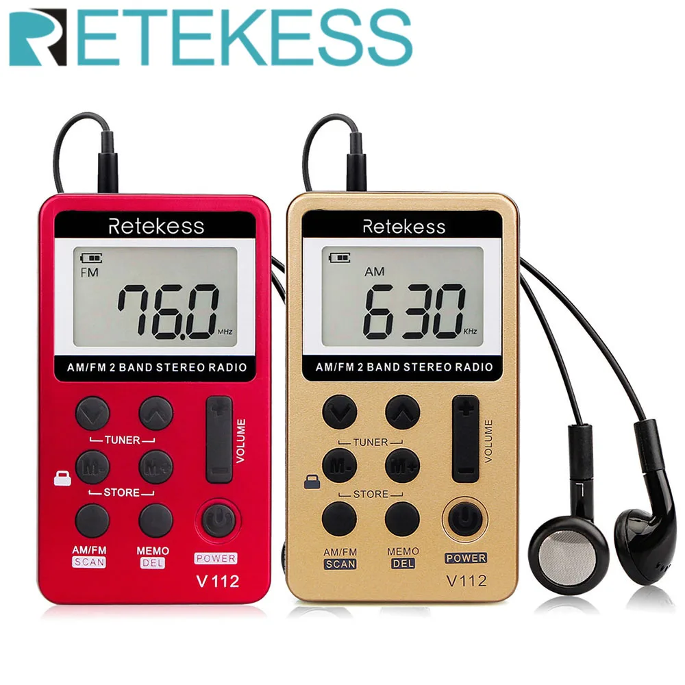Retekess V112 AM FM Radio portátil, mini radio con bolsillo para  auriculares, sintonización digital, batería recargable, pantalla LCD para  caminar y