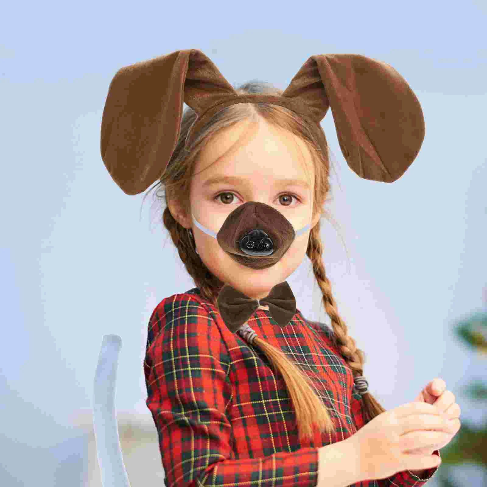 

Dog Coffee Set Kids Ear Headband with Fake Nose Animal Puppy Gauze Skirt Gloves Cosplay Fabric Bowtie Percinging