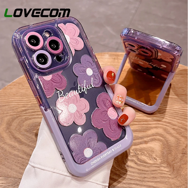 Purple Flowers Rabbit Cute Phone Cases with Stand Holder for iPhone 14 Pro  Max 13 11 12 14 Plus