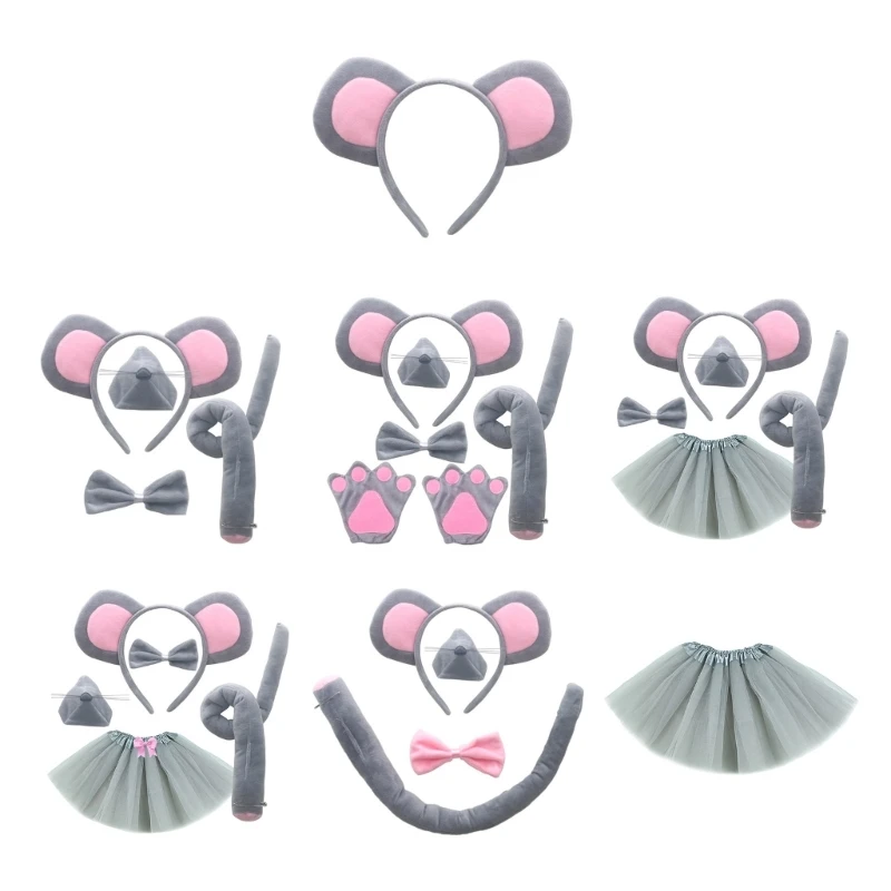 

Kids-Animal Costume Mouse Ears Headband Bowtie Tail Nose Gloves Skirt 1/4/5