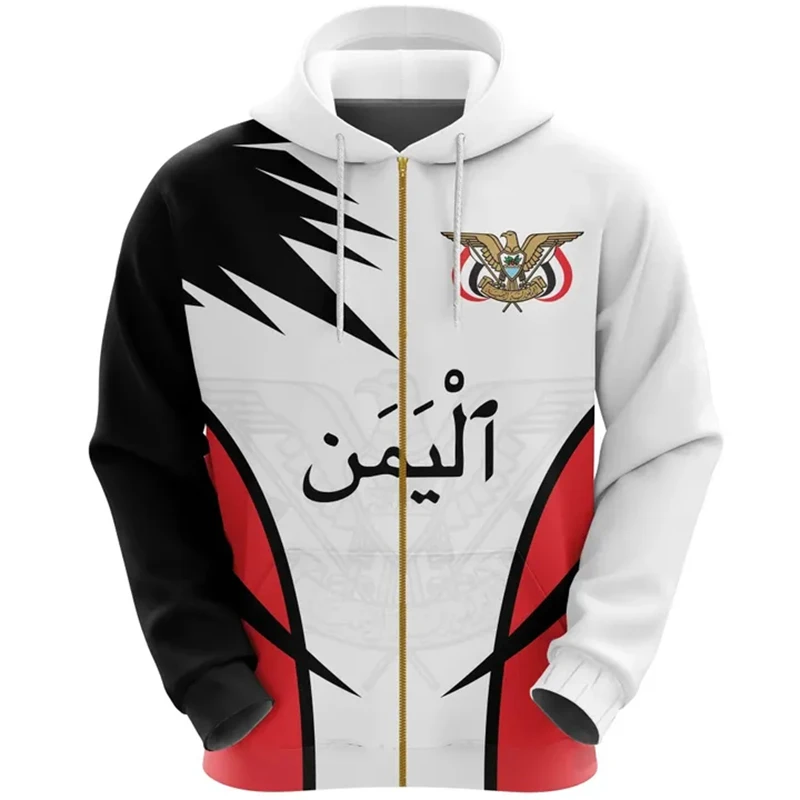 thumbnail image 1 of Sudadera con capucha vintage para hombre, con estampado de bandera de Yemen, moda urbana, manga larga, gran tamaño, emblema YE, ropa Y2k, sudaderas con cremallera, 1 of 4