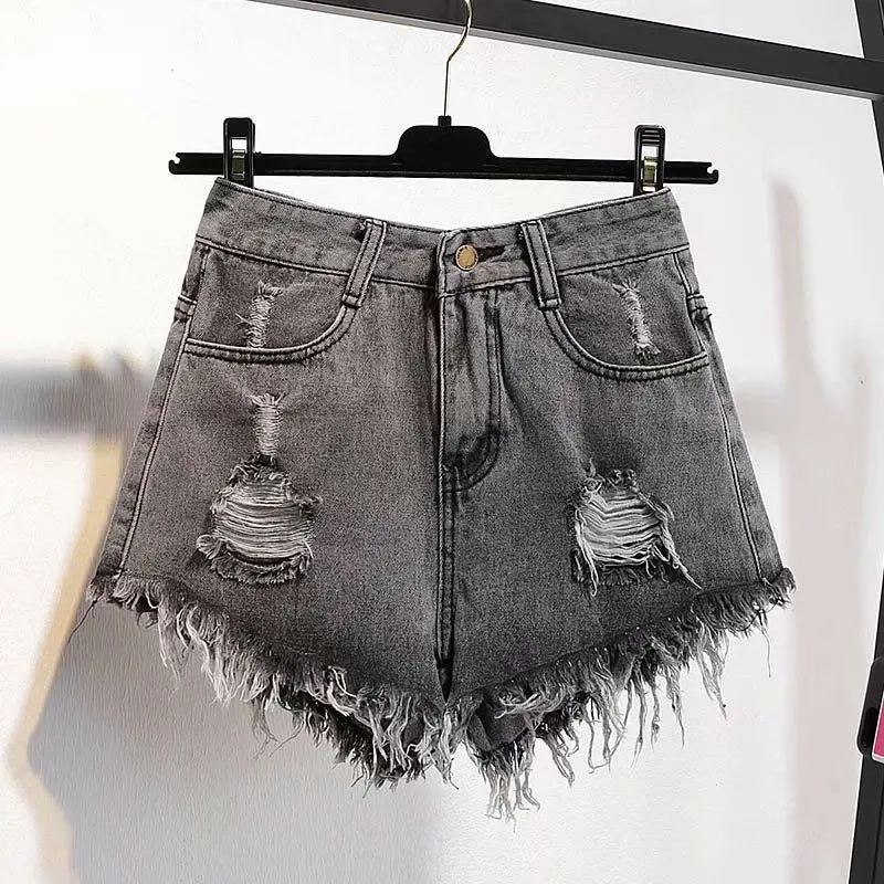 

Y2K High Waist Tassel Broken Denim Shorts Female Summer Korean Version Raw Edge Wide Leg Loose Plus Size Jean Shorts Streetwear