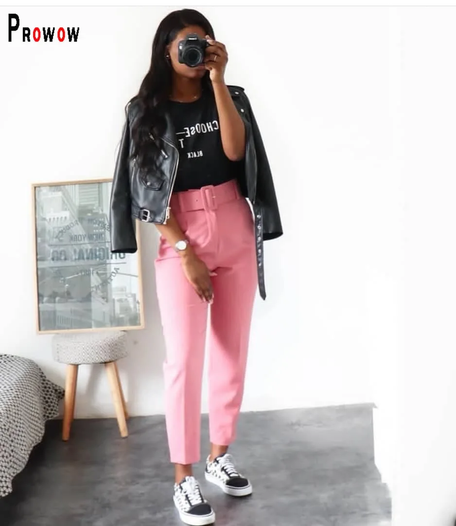 Prowow Women's Pant Solid Color Slim Fit Office Lady Trousers with Belt High Waisted Zipper Straight Female Clothing Bottoms