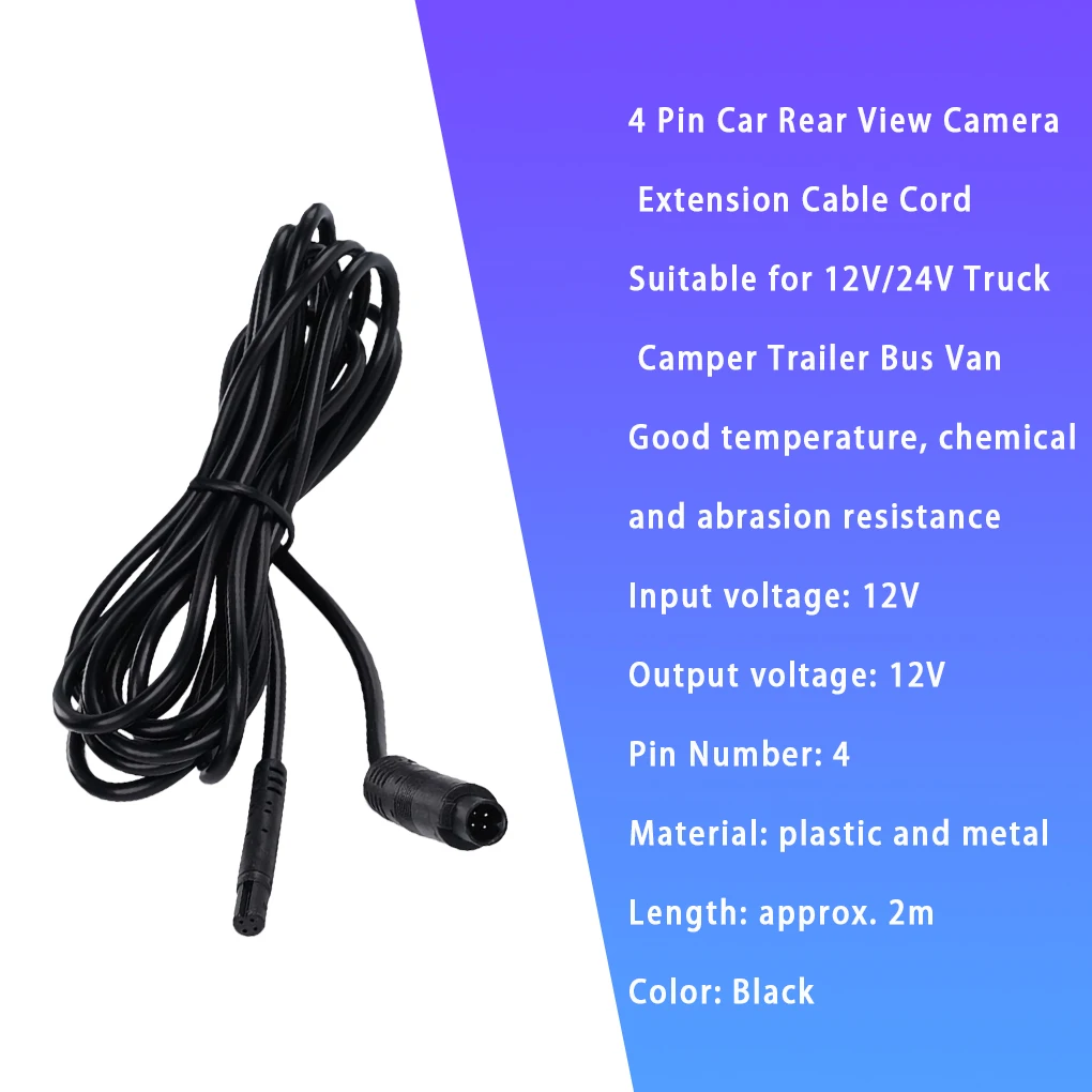 1pc 2m 4 Pins Car Extension Cable Car Dash Rear Camera Extension Cable Backup Reverse Cam 4-pin Extension Wire Cord