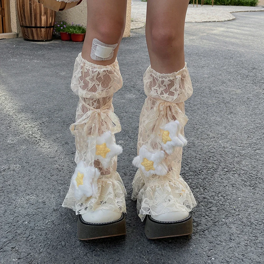Y2k 스위트 레이스 레그 커버, 봉제 스타 로리타 러브, 귀여운 레이스, 얇은 스타킹, 레그 워머, 일본 JK 액세서리 양말..
