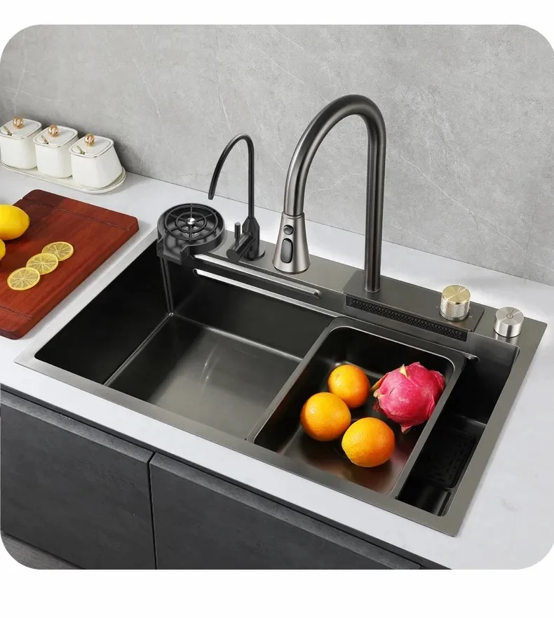 Voriva Multifunction Kitchen Sink 304 Stainless Steel Kitchen Sink Faucet Modern Waterfall Rainfall Single Bowl Kitchen Sink Set 2