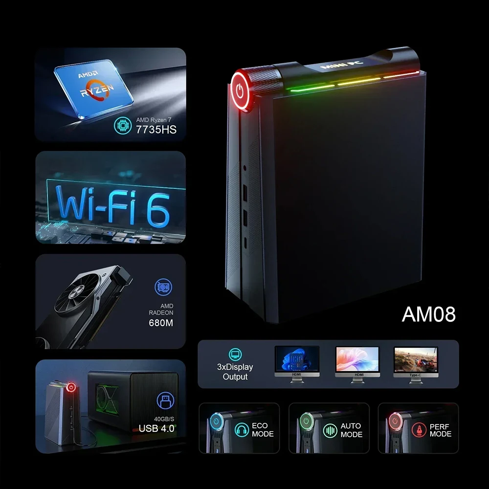 Chatreey AM08 미니 PC AMD Ryzen 7 7735HS 680M 8 코어 게이밍 데스크탑 다채로운 조명 컴퓨터 NVME SSD Wifi6 BT 5.0