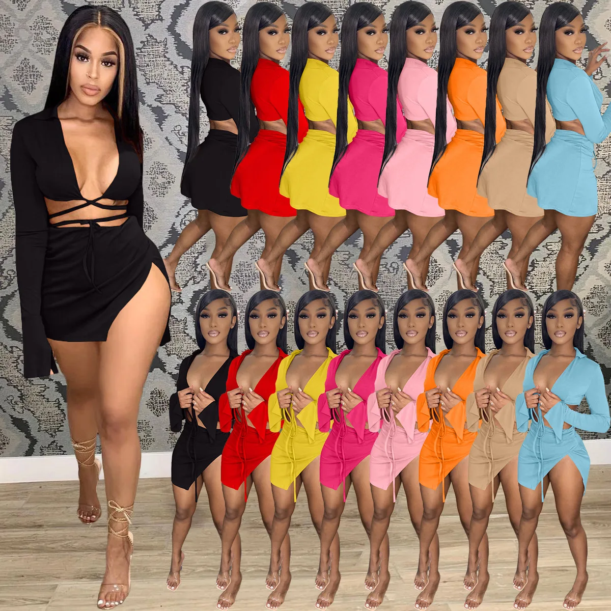 Beach Mini Skirt Set Women 2 Piece Sexy Bandage Flare Sleeve Crop Top + Short Skirt Ladies Swimwear Beach Vacation Outfits