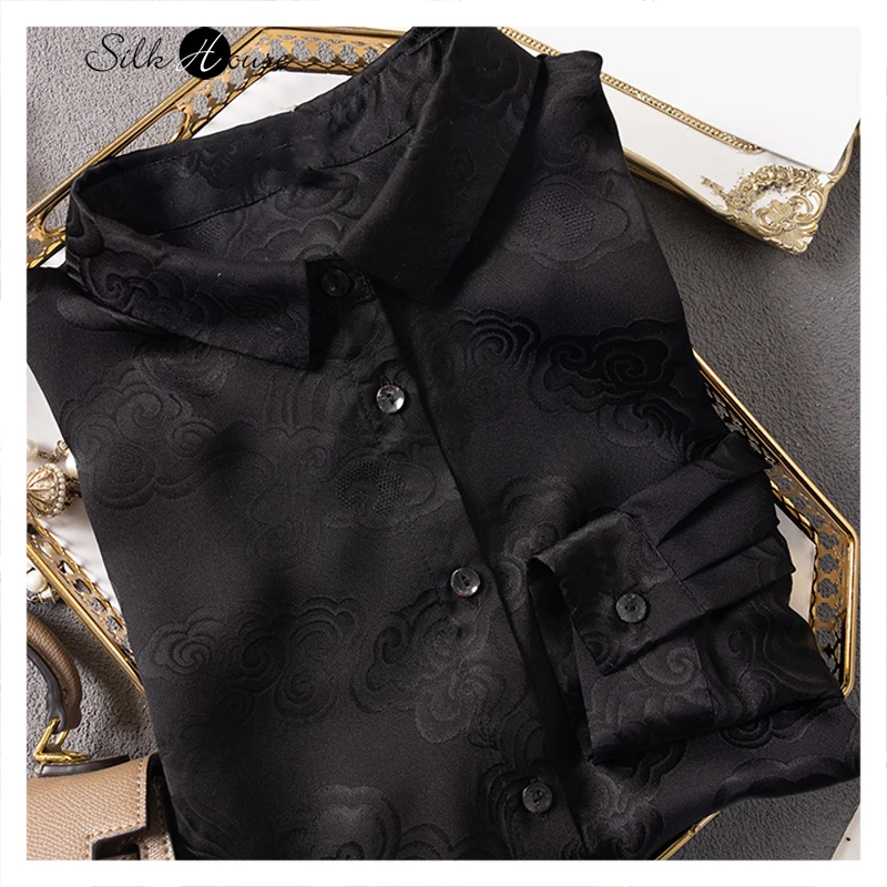 

2023 Women's Fashion Spring and Autumn New 100%Natural Mulberry Silk New Chinese Classic Black Big Xiangyun Jacquard Weave Shirt