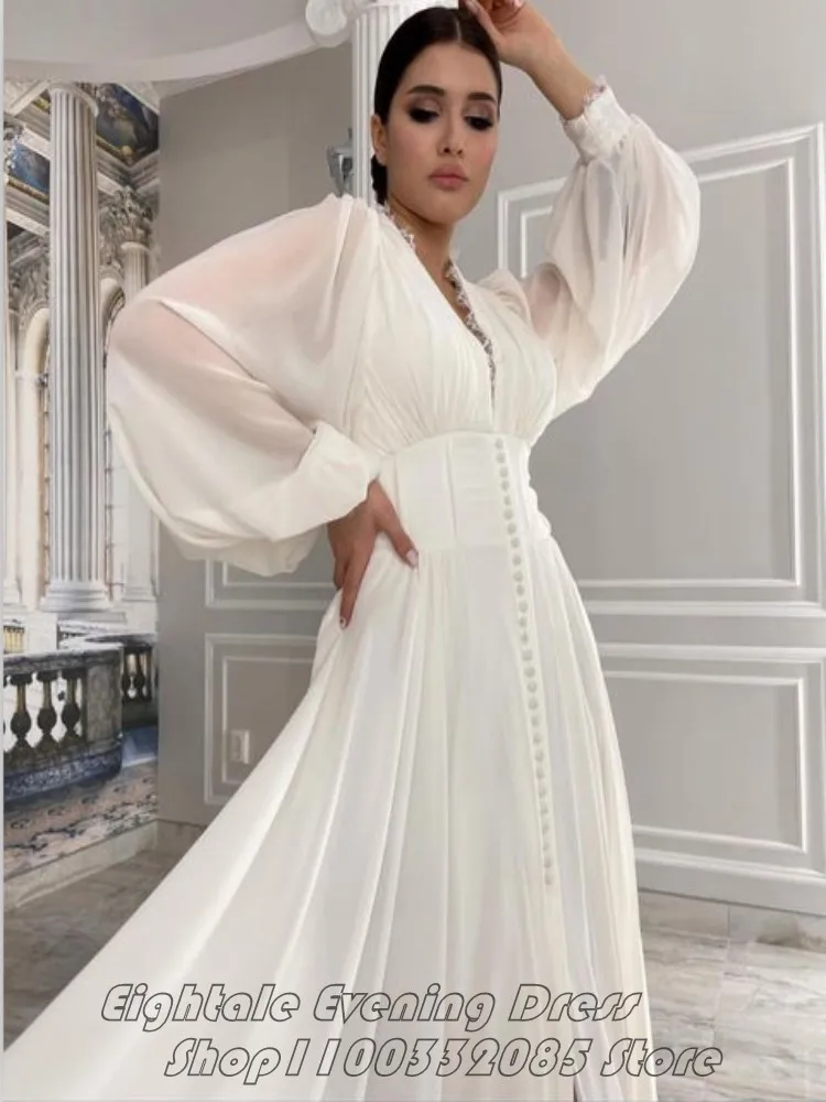 Elegant Customized White Chiffon V Neck A Line Evening Dress Long Puff  Sleeves Lace Plus Size Arabic Formal Prom Party Gown - AliExpress 320
