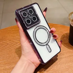 Crystal Clear Bling Magnetic Wireless Charging Phone Case with Lens Film Cover - Redmi Note 14proplus (PURPLE)