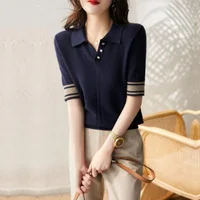 Short Sleeve Polo Shirts Woman Aesthetic Hot Black Women Vintage Sweatshirt Flower Knitted Korean Shirt High Quality Top Cotton - Image 4