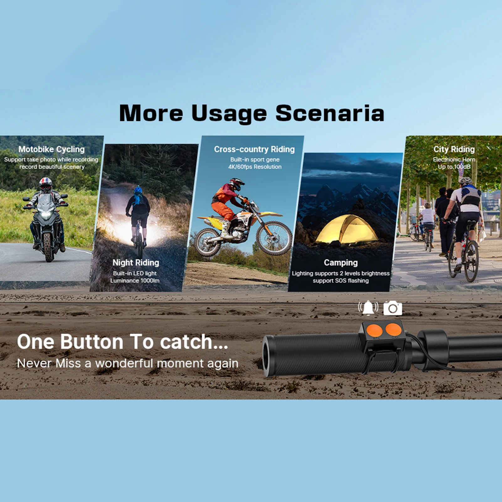Caméra action 4K 60fps pour vélo en action sur un sentier, klaxon et lampe visibles