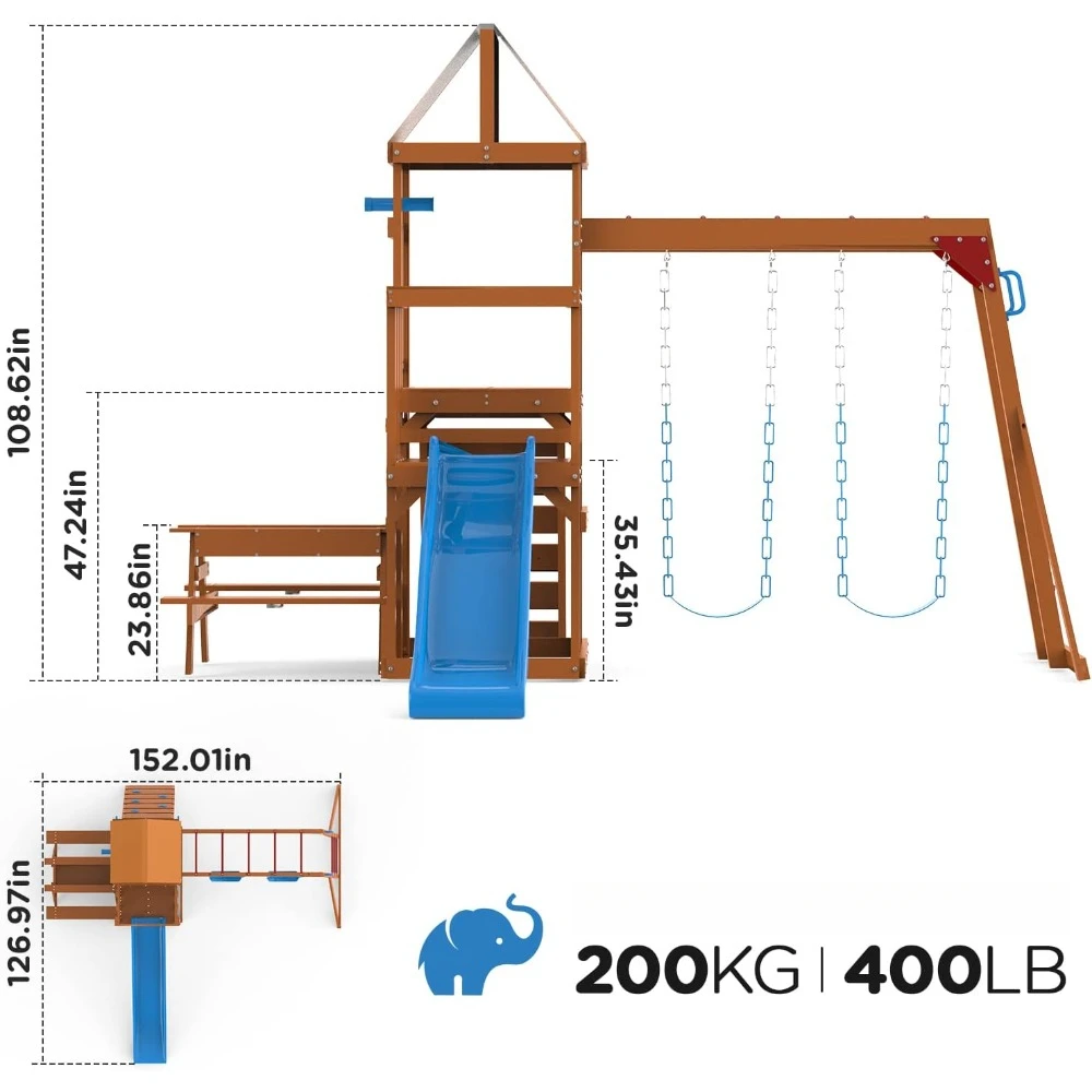 Dolphin Playground Cedar Wooden Swing Sets, Outdoor Playset ,  Wave Slide, Climbing Wall, and 2 Belt Swings, Playground Sets 2