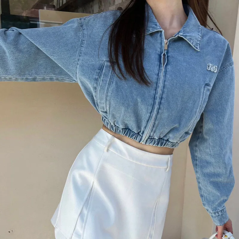 

Women Denim Jacket 2023 Autumn New Lapel Zipper Short Version Long Sleeve Denim Coat Fashion Personality Girls Streetwear