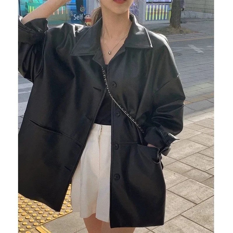 Stylish Korean Lapel Single-breasted Leather Jacket for Women Loose Fit Faux Top Autumn