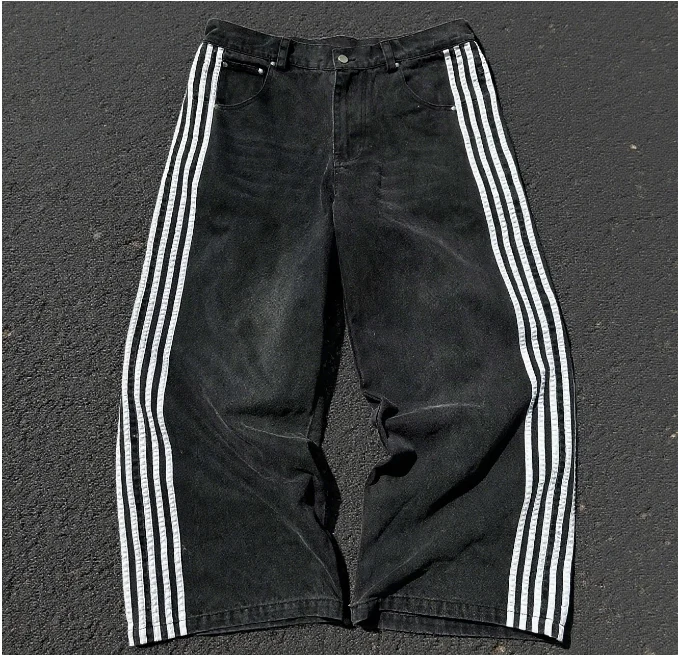 Y2K American Retro High Waisted Jeans Loose Wide Leg Pants Harajuku Style Street Striped Gothic Niche Design Casual Pants 2
